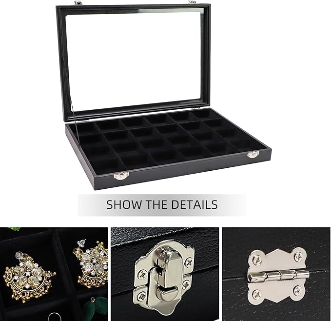 Wudygirl Jewelry Organizer Clear Lid 24 Grid Jewelry Box Case Organizer Showcase Display Jewelry Tray Removable Black Velvet Locked