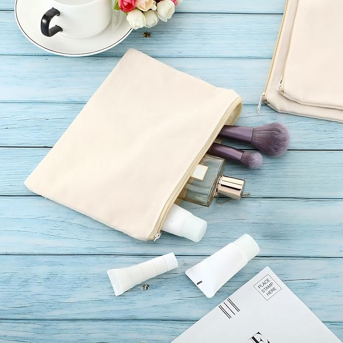 meekoo 16 Pack Blank Canvas Pouch Zipper Cosmetic Bag Bulk Plain Makeup Pouch Sublimation DIY Craft Multipurpose Travel Toiletry Bag for Makeup Cosmetic Stationary Storage Organizer(S,Beige)