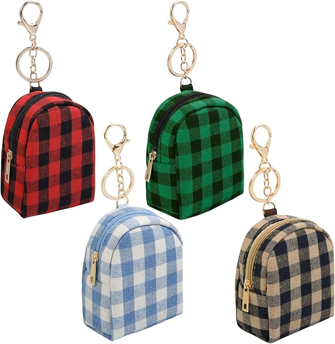 4Pcs Mini Backpack Keychain,Cute Cosmetic Bag for Women,PU Leather Makeup Bag Key Pocket Lipstick Bag Card Holder Data Cable Organizer Zipper Pouch (Christmas Series)
