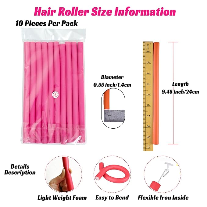 Royota 30PCS 9.45" Flexible Curling Rods,Heatless Twist Soft Foam Hair Rollers Home Use for Women Girls Long and Short Hair (0.55 x 9.45 Inch, Random Color)