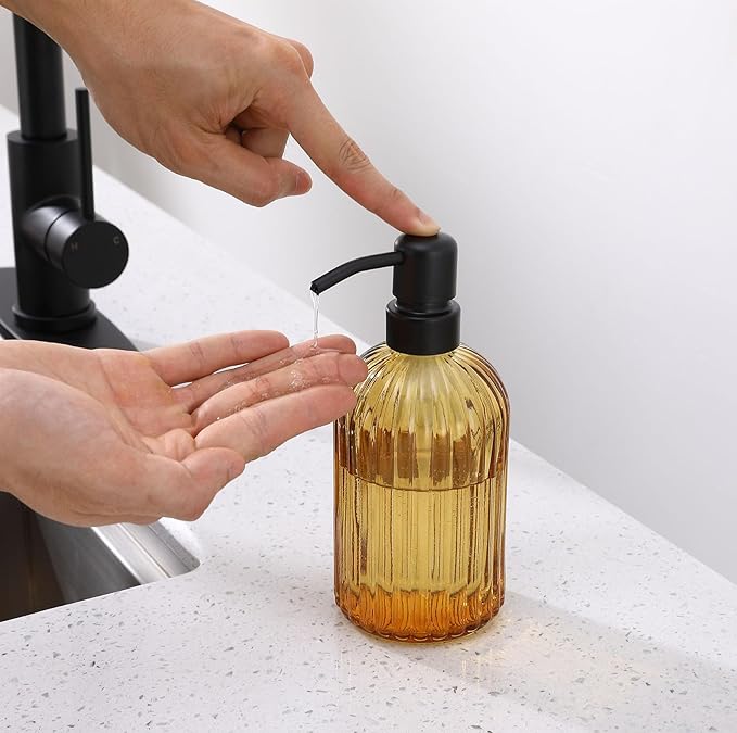 16 OZ Amber Glass Soap Dispenser, Amber Stripe Bathroom Hand Soap Dispensers with Stainless Steel Matte Black Pump,Brown Glass Kitchen Hand Soap Dispenser with Matte Black Pump