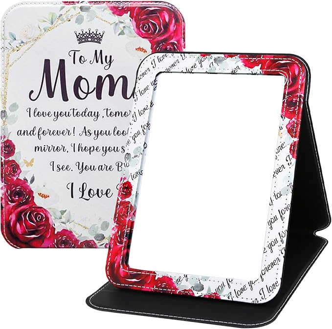 for Mom Folding Travel Makeup Mirror, PU Portable Adjustable Rectangular Ultrathin Vanity Mirror Rounded Corners with Stand, for Travel, Camping, Home Large