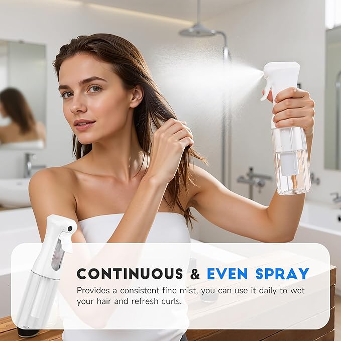 3 Pack Spray Bottle for Hair - Continuous Hair Spray Bottles Refillable Mister Sprayer for Hairstyling, Plants, Pets, Skincare, Cleaning (6.8 OZ/200ML, Purple+White+White)