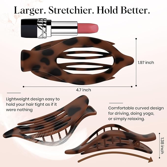 6 PCS Large Flat Hair Clips for Women, French Concord Lay Down Flat Claw Clips for Thick Thin Hair, Comfortable Curved Hair Clip, Matte Non-slip Strong Hold Hair Accessories, Tortoise & Black