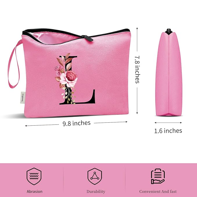 Vavabox A-Z Personalized Makeup Bag, Birthday Gifts for Women Mom, Gifts for Best Friend, Bride Bridesmaid Cosmetic bag (L, Peach)
