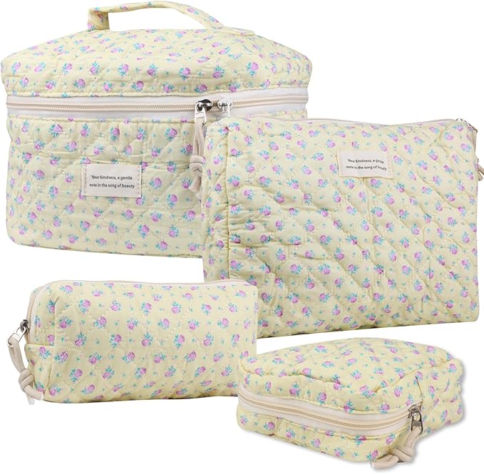 VIWIME Makeup Cosmetic Bag, Large Cotton Quilted Travel Coquette Aesthetic Cute Floral Make up Bag for Women Toiletry Bag Organizer (201- Purple Rose/ 4Pcs)