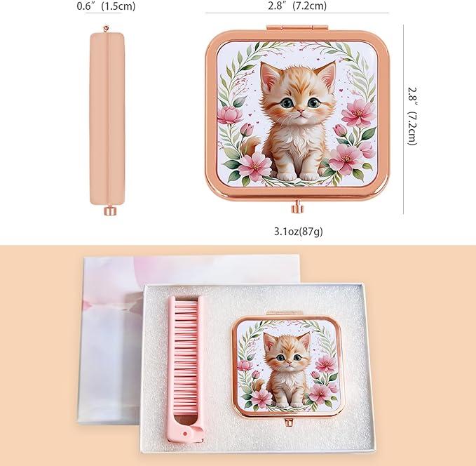 Featuring an Adorable Orange Kitten and Pink Floral Print on The Surface, it Comes with a Matching mini Comb, Perfect for Touch-ups and on-The-go use.
