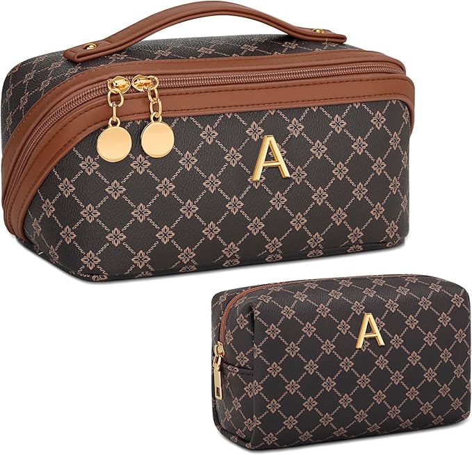 Birthday Gifts for Women Teen Girl, Personalized Initial Makeup Organizer Bag Set, Open Flat Travel Cosmetic Bag With Clear Divider and Handle(Coffee,A)