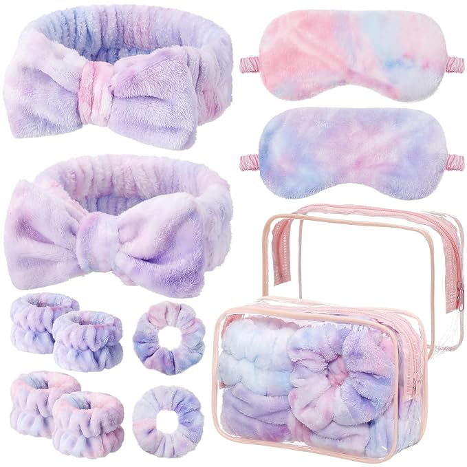 Hoteam 10 Pcs Galentine Spa Party Supplies Valentine Gift Set Sleepover Party Favor Spa Headband Wristband Sleep Eye Mask Velvet Scrunchies for Skin Care Makeup Slumber Night Favor(Tie Dye)