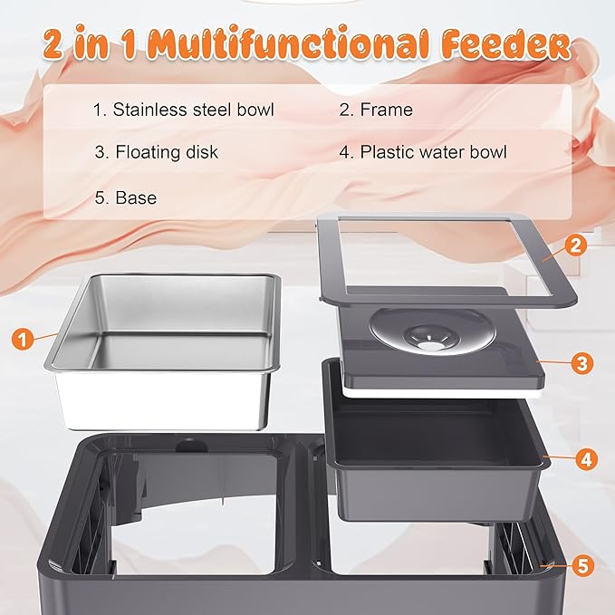 Decflow 2-in-1 Elevated Dog Bowls, 4 Height Adjustable Raised Dog Bowls with Stainless Steel & No Spill Water Bowl, DIY Stickers Foldable Pet Bowl for Medium Large Dogs(Not Included Slow Food Bowl)