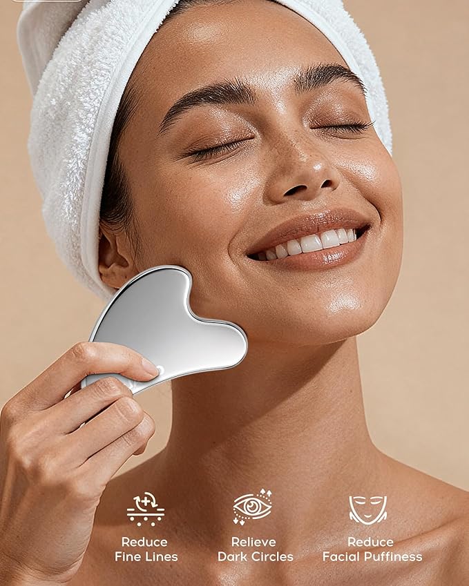 Coralogo Stainless Steel Gua Sha Tools - 4pc Skin Care Tools Set with Gua Sha Oil, Soap, Muscle Scraper for Face Massaging Body Relaxing, Self Care Gift for Her Birthday Valentine's Day