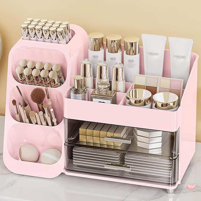 Anylady Makeup Organizer with Drawers, Skincare Organizer (Large Size Thick), Storage Box Cosmetic Display Cases, Make up Organizers for Vanity, Dresser, Desk, Kitchen, Countertop (Pink)