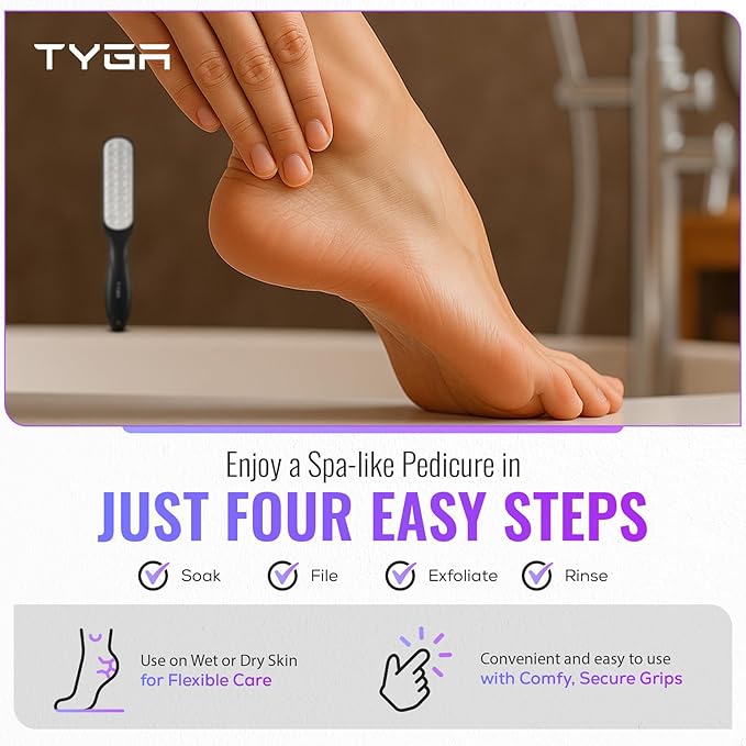 TYGA Double-Sided Foot File, Coarse & Fine, Dry & Wet, Stainless Steel, Pedicure Care Tool, Callus Remover for Feet, Multidirectional Nickel, Hard Skin Removal, Washable, Spa and Skin Care (Black)