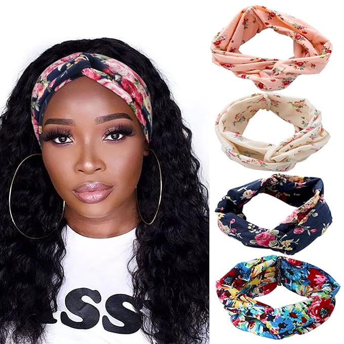 DRESHOW 4 Pack Boho Cotton Non-Slip Headbands for Women Girls Yoga Workout Running Knotted Turban Floral Elastic Head Wrap
