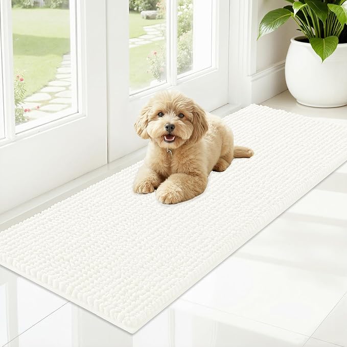 OLANLY Dog Door Mat for Muddy Paws 47x17, Ultra Absorbent Chenille Mud Doormat, Non-Slip Washable and Dirt Trapping Doormat for Indoor Entryway, Quick-Dry Indoor Pet Bed Mats for Dogs, Ivory