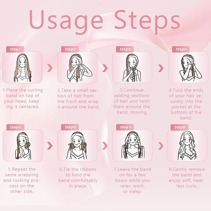 Curling Tie New Hair Curlers to Sleep in, Heatless Curls Overnight Headband, Soft Ribbon Wrap for Long Hair, Perfect Natural Curls Bouncy Curly Hairstyle Hair Suitable for All Hairs Types (Pink)