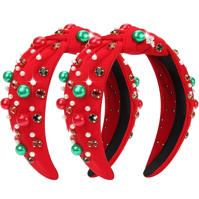 2 Pcs Christmas Headband for Women Pearl Knotted Headband Red Green Pearl Rhinestone Crystal Jeweled Hairbands Fashion Ladies Hair Band Hair Hoop Accessories Holiday Outfits Headpiece (Red)