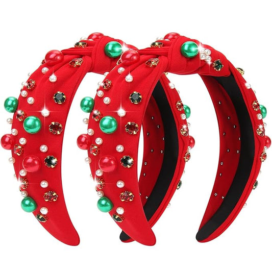 2 Pcs Christmas Headband for Women Pearl Knotted Headband Red Green Pearl Rhinestone Crystal Jeweled Hairbands Fashion Ladies Hair Band Hair Hoop Accessories Holiday Outfits Headpiece (Red)