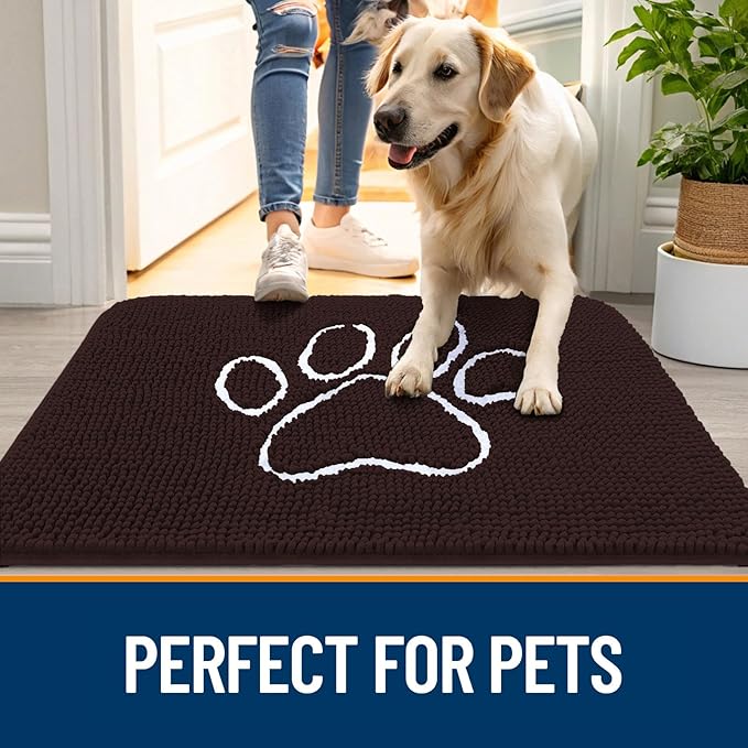 OLANLY Dog Door Mat for Muddy Paws 40x32, Paw Print Design, Absorbs Moisture and Dirt, Absorbent Non-Slip Washable Doormat, Quick Dry Chenille Mud Mat for Dogs, Entry Indoor Entryway Carpet, Brown