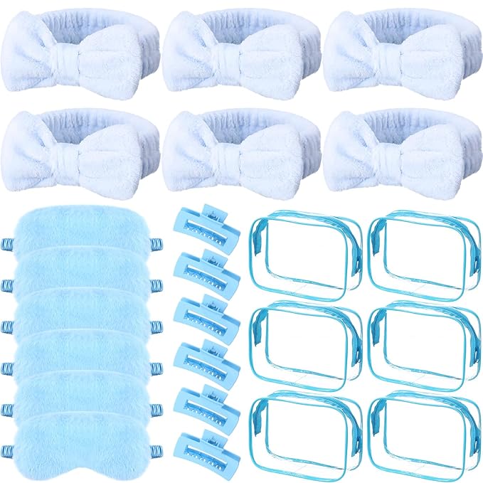 Hoteam 24 Pcs Galentine Spa Party Favors Supplies 6 Spa Headband 6 Plush Sleep Eye Mask 6 Hair Claw Clips 6 Clear Cosmetic Bags for Adult Sleepover Slumber Party Valentine Gift(Blue)