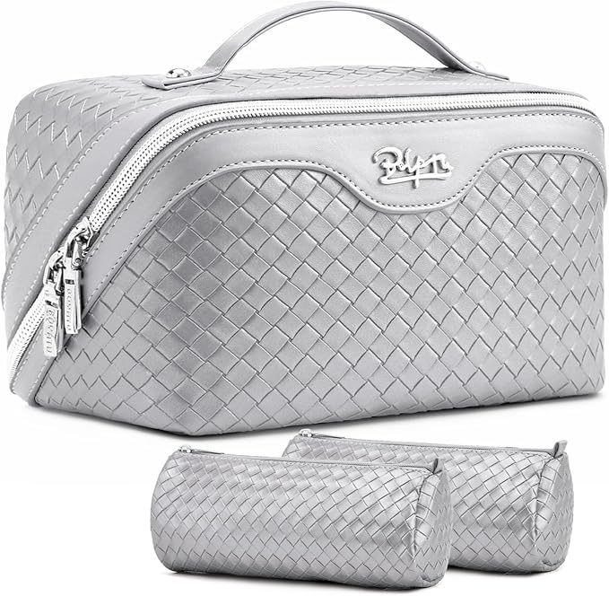 BOYATU Travel Makeup Bag Cosmetic Bags for Women: Large Capacity 3 Pcs Set Make up Bag with Compartments - Waterproof Vegan Leather Toiletry Organizer Bags with Handle (L34 Silver)