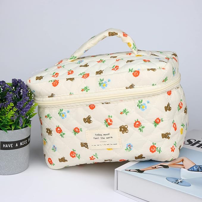 VIWIME Makeup Cosmetic Bag, Large Cotton Quilted Travel Coquette Aesthetic Cute Floral Make up Bag for Women Toiletry Bag Organizer (103- Bear/2Pcs)