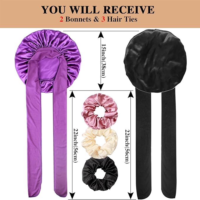 2+3 Large Satin Bonnets with Scrunchies for Women, Hair Bonnet Sleeping Tie Bonnet for Braids Curly Hair