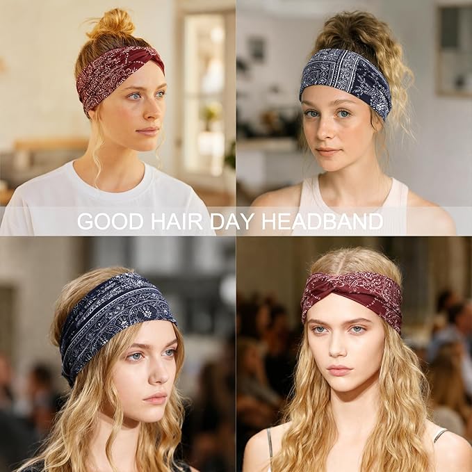 Artilady 6 Pack Boho Headbands for Women - Wide Bandana Headband Non Slip Stretchy Cheetah Paisley Print Turban Headwarp Twisted for Girls