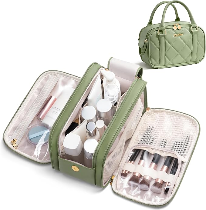 Travel Makeup Bag, Large Capacity Quilted Toiletry Bag for Women Stand-up Cosmetic Bag Open Flat Make Up Case Organizer Portable Pouch Purse w/Handle for Traveling Accessories, Sage Green