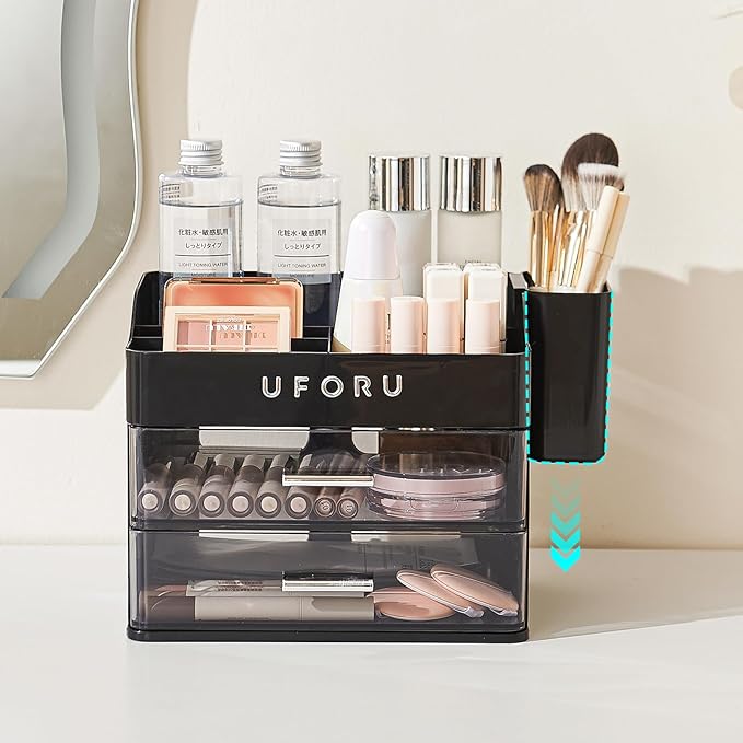 Makeup Organizer for Vanity with Brush Holder, Countertop Skincare Organizer with 2 Drawers, Spacious Cosmetic Display Case for Perfumes, Cologne, Shaving Lotion