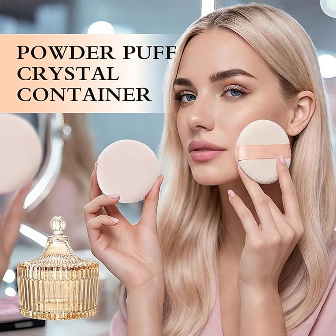2 Piece Dusting Powder Container with Puff - Large Body Powder Puff and Container, Crystal Glass Powder Container with Puff Soft Velour Washable Reusable Face & Body Use (Amber)