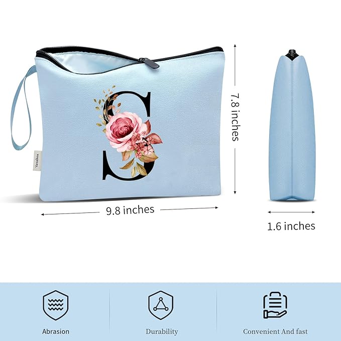 Vavabox A-Z Personalized Makeup Bag, Birthday Gifts for Women Mom, Gifts for Best Friend, Bride Bridesmaid Cosmetic bag (S, Blue)
