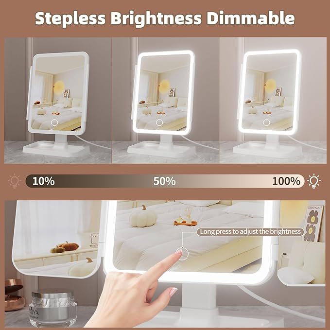 Lighted Makeup Mirror with 75 LEDs, Rechargeable Vanity Mirror with 1X/2X/3X/10X Magnification, 3 Color Modes & Touch Dimming, Portable Folding Mirror for Travel Desk, Gifts for Women & Girls