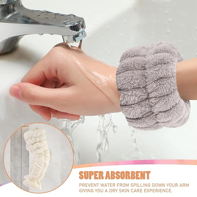 Face Wash Headband and Wristband Set of 2, Wrist Towels for Washing Face with Holder Microfiber Wristbands for Washing Face Absorbent Spa Wristbands Wrist Scrunchies Face Washing Wristbands