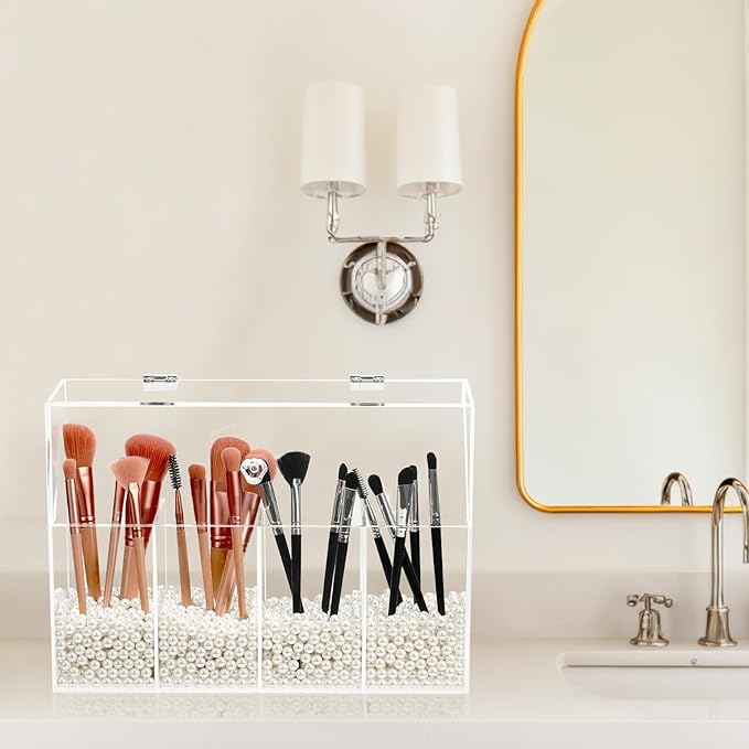 Acrylic Makeup Organizer, Clear Cosmetic Brush Storage Box With 4 Brush Holders (Pearl not included),Makeup Brush Holder with Dust Cover, Large-capacity Split Design Organize the Desktop