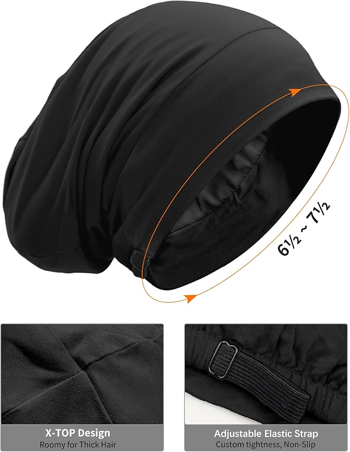 Satin Lined Bonnet for Sleeping Women Men - Adjustable Sleep Cap, Slouchy Beanie Hair Wrap for Curly Braid Locs