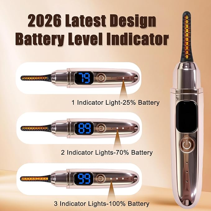 Heated Eyelash Curlers with Battery Indicator, Electric Eyelash Curler 3 Temperature Modes LED Display USB Rechargeable Makeup Tools, Heated Lash Curler Ideal Christmas Gift for Women Golden Brown Y1
