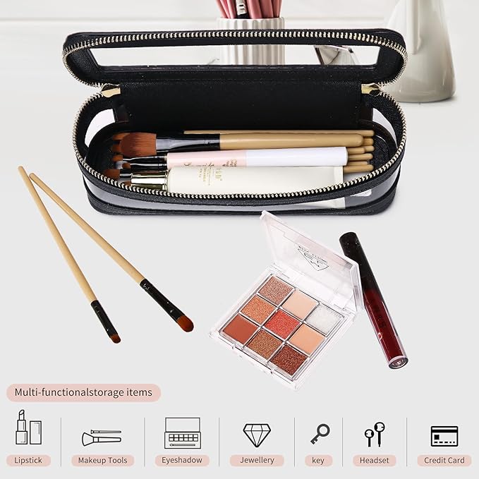 Pinkmik Makeup Brush Case Clear Travel Cosmetic & Toiletry Bag Slim Makeup Bag with Zipper Small Purse Organizer Car Essential Bag for Women (Black, SLIM-1)
