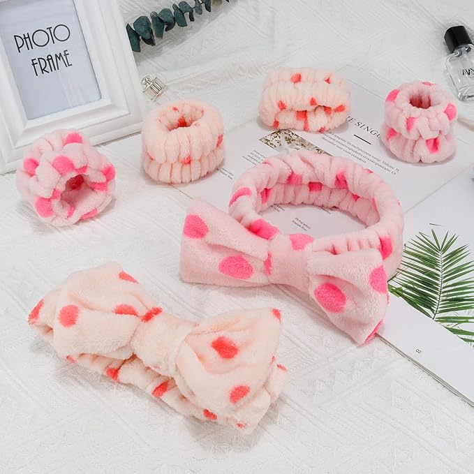 WHAVEL 6PCS Spa Headband and Wristbands Set, Face Wash Headband Wrist Bands for Washing Face Makeup Skincare Hair Band Skin Care Accessories Tools
