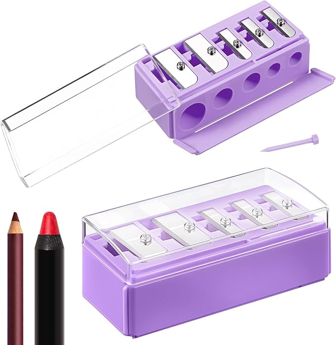 Honoson 2 Pcs 5 Hole Cosmetic Long Point Manual Pencil Sharpener with Plastic Lid Makeup Eyeliner Pencil Sharpener (Purple)