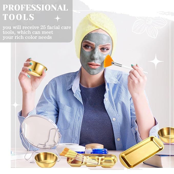 LemonRoad 25 Pcs Esthetician Facial Supplies Set, 3 Stainless Steel Mixing Bowls, 2 Serving Trays, 6 Brushes, 2 Hairbands, 12 Compressed Sponges for Women Facial Mask Spa Home Use(Gold)