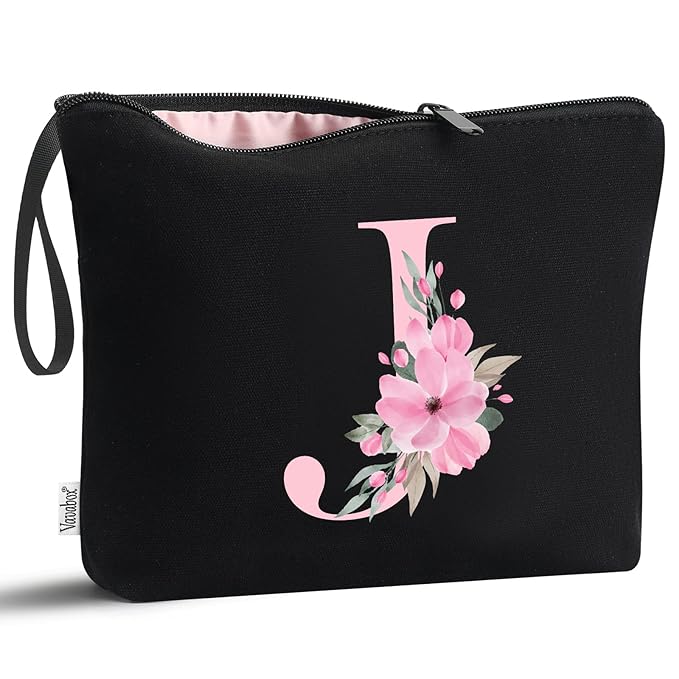 Vavabox A-Z Personalized Makeup Bag, Birthday Gifts for Women Mom, Gifts for Best Friend, Bride Bridesmaid Cosmetic bag (J, Black)