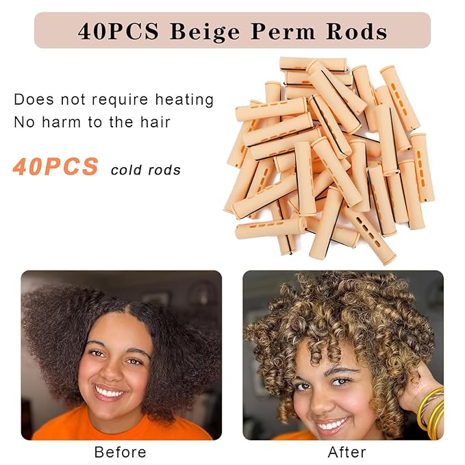 Perm Rods For Short Hair 40Pcs Beige Perm Rods For Black Women Plastic Curl Cold Wave Medium Size Peach Hair Rollers For Hair Styling Hairdressing Tools(Beige,40PCS)