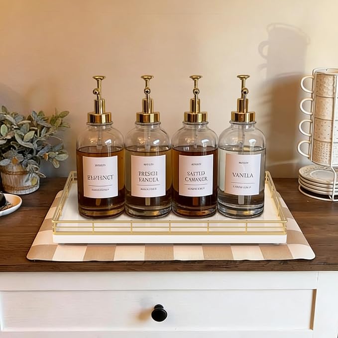 Large Bathroom Vanity Tray – 13" x 8" Oak Decorative Wooden Tray for Bathroom Countertop & Vanity Organizer, Wood Tray for Perfume, Skincare & Accessories Storage, Vanity Dresser Decor Gold & White