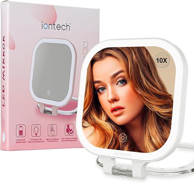 ION Magnified Mirror with Lights,1X/10X Magnifying Glass,2500mAh Battery Double Sided Vanity Mirror,7in Makeup Mirror with 3 Color Light,Brightness Adjustment Memory,Folding Stand (White)