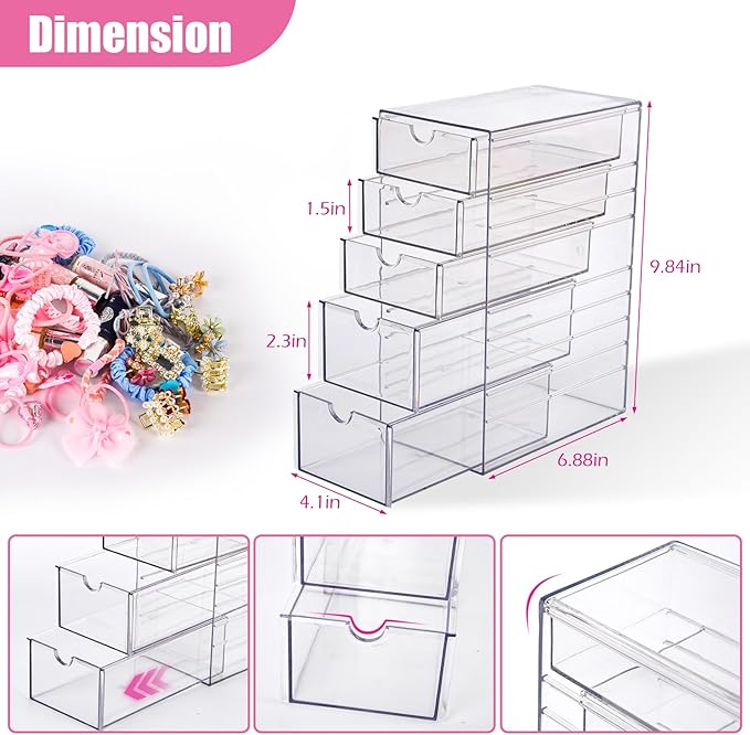Hair Accessories Organizer, Clear Hair Ties and Pins Organizer Storage Box, Plastic Drawer Storage with 5 Different Sizes Drawers, Hair Accessory Container for Bathroom Closet Desk Office