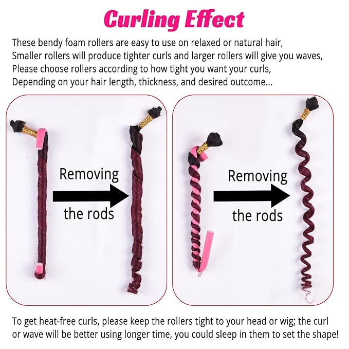 Royota Heatless Curling Rod, Soft Skinny Small Flexi Rod 9.45" 30 Pieces Flexible Twist Foam Tight Curl Hair Roller for Women Girls Long Short Hair (0.31" Diameter, Pink)