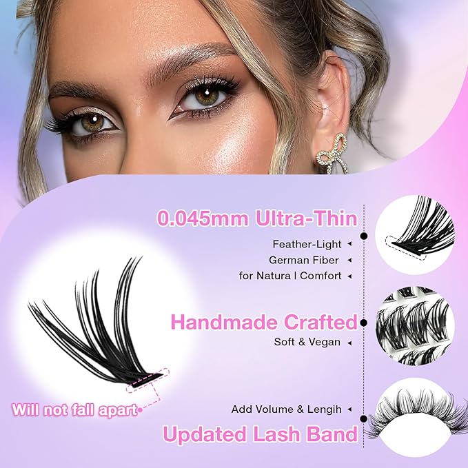 Lash Clusters Kit, DIY Cluster Eyelash Extensions 9‑16mm, 30D+40D, 280pcs Fluffy D Curl Natural Lashes with Bond & Seal,Remover,Tweezers,Brush–Fake Cat Eye Wispy Individual Clusters(MIX1-1-L)