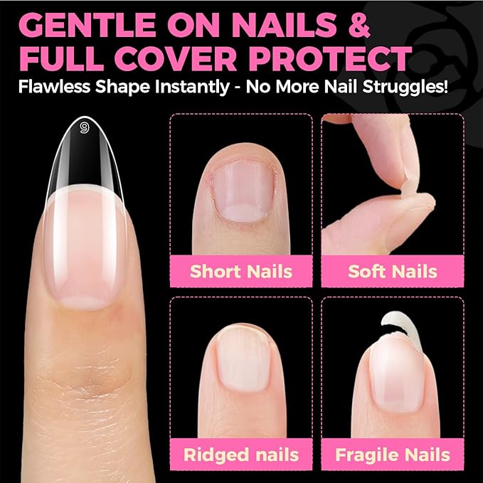 UNA GELLA Almond Gel Nail Tips, 504PCS Pre Etched Clear Fake Nails Tips Medium Almond Shape - 12 Sizes Full Cover Soft Acrylic Press On Nail Extensions No C Curve Gift for Diy at Home