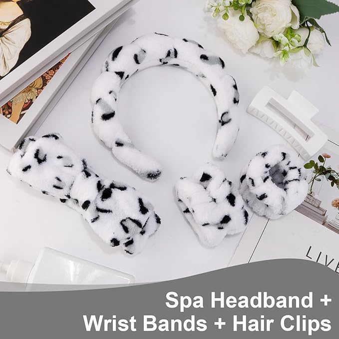 Canitor Spa Headband Wrist Bands with Hair Clips Dalmatian Print Makeup Skincare for Washing Face Skin Care Preppy Teen Girl Gifts Cute Trendy Stuff Hair Accessories for Women
